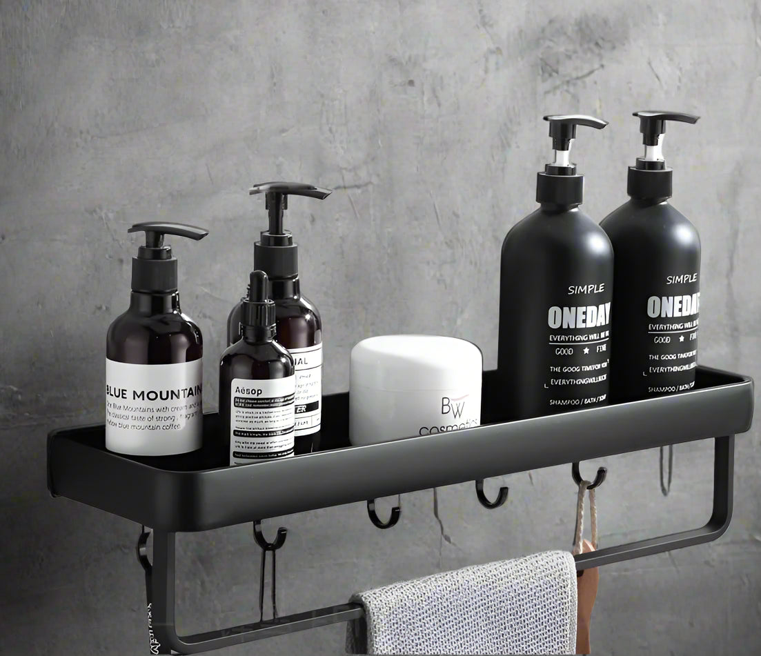 No-Drill Bathroom Shelf Organizer - Black Aluminum